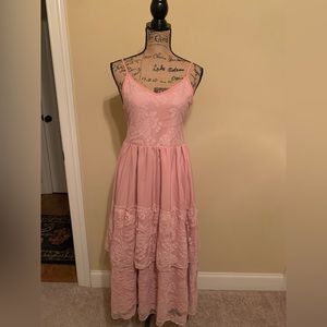 midi lace floral print layered pink dress tulle open back dress tied closure